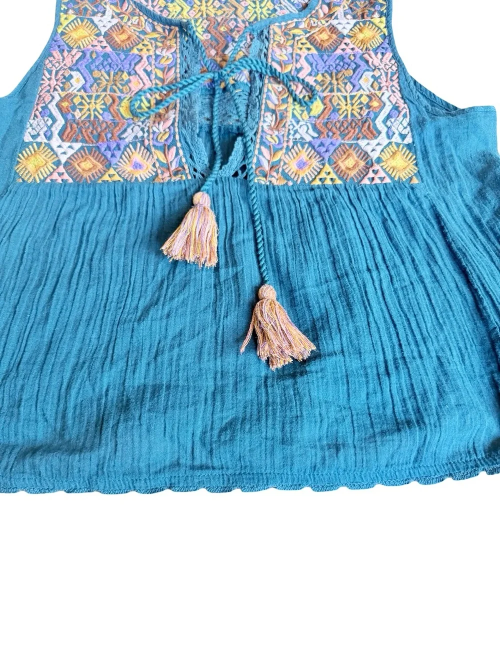 Free People Sleeveless Shirt Top Blouse Dark Teal Embroidered Boho Size Small